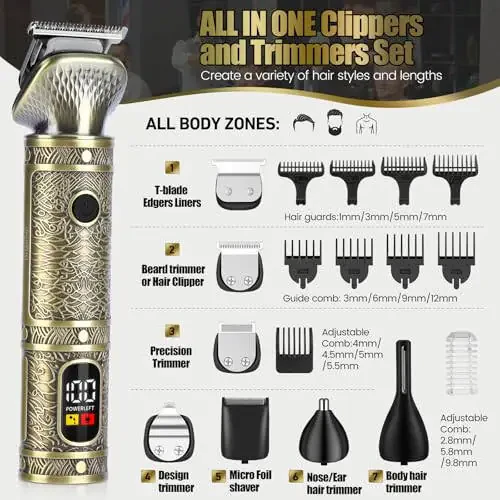 Brightup Beard Trimmer for Men, Professional Zero Gapped T-Blade Trimmer, Cordless Hair Clipper, 7 in 1 Grooming Kit for Face Electric Razor Shavers Mustache Body Nose Trimmer, Gift for Men - 3