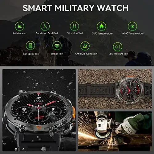Military Smart Watch for Men (Call Receive/Dial) with LED Flashlight, 1.45