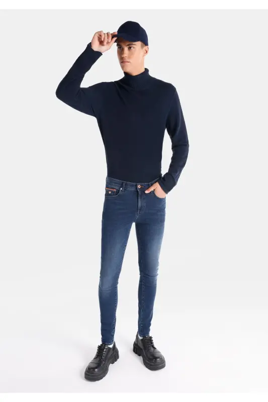 Skinny Fit Düşük Bel Dar Paça Erkek Koyu İndigo Jean Pantolon - ZINTER WASH - 3