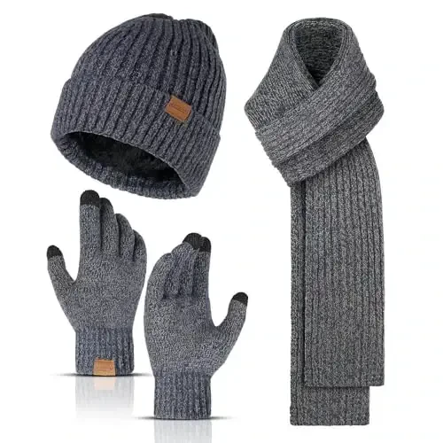 Winter Hats Scarf for Men with Touchscreen Gloves Men's Scaves and Beanie Hat Themal Glove Set for Men Women - Modazone