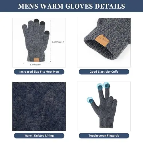 Winter Hats Scarf for Men with Touchscreen Gloves Men's Scaves and Beanie Hat Themal Glove Set for Men Women - 3