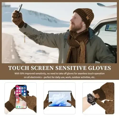 Winter Beanie Hats for Men Long Neck Scarf and Touchscreen Gloves Set with Fleece Lined Skull Caps Gifts for Men - 4