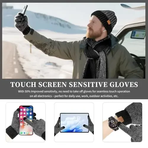 Winter Hats Scarf for Men with Touchscreen Gloves Men's Scaves and Beanie Hat Themal Glove Set for Men Women - 4