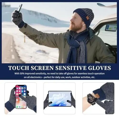 Winter Hats Scarf for Men with Touchscreen Gloves Men's Scaves and Beanie Hat Themal Glove Set for Men Women - 4