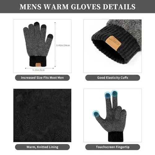Winter Beanie Hats for Men Long Neck Scarf and Touchscreen Gloves Set with Fleece Lined Skull Caps Gifts for Men - 3
