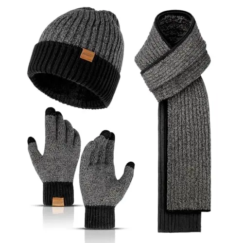 Winter Hats Scarf for Men with Touchscreen Gloves Men's Scaves and Beanie Hat Themal Glove Set for Men Women - HONNESSERRY