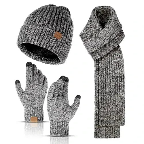 Winter Beanie Hats for Men Long Neck Scarf and Touchscreen Gloves Set with Fleece Lined Skull Caps Gifts for Men 