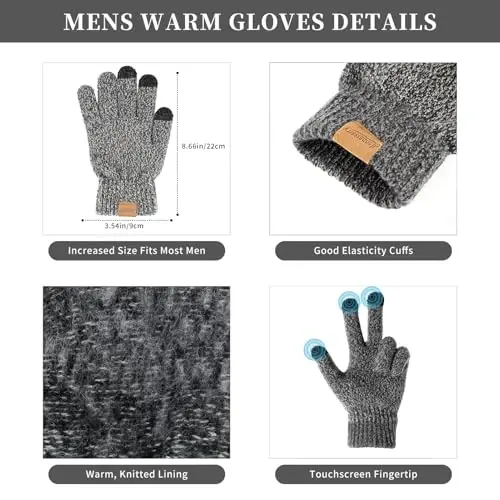 Winter Beanie Hats for Men Long Neck Scarf and Touchscreen Gloves Set with Fleece Lined Skull Caps Gifts for Men - 3