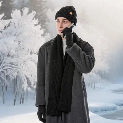 Winter Beanie Hats for Men Long Neck Scarf and Touchscreen Gloves Set with Fleece Lined Skull Caps Gifts for Men - 2