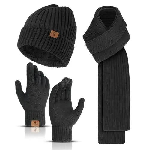 Winter Beanie Hats for Men Long Neck Scarf and Touchscreen Gloves Set with Fleece Lined Skull Caps Gifts for Men - 3