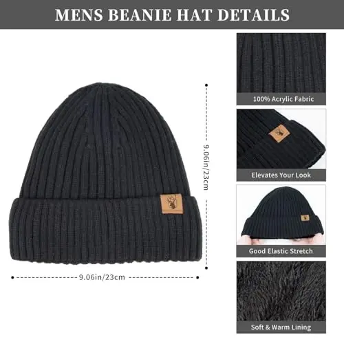 Winter Beanie Hats for Men Long Neck Scarf and Touchscreen Gloves Set with Fleece Lined Skull Caps Gifts for Men - 4