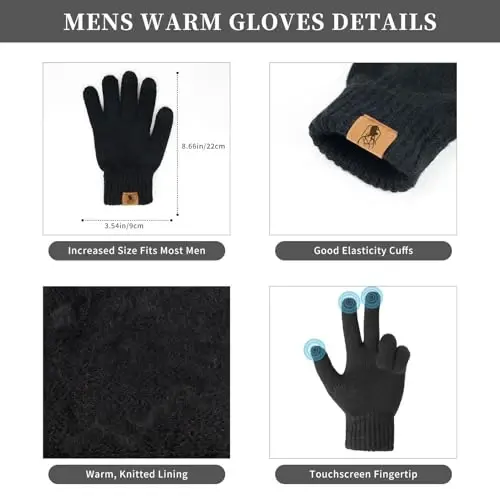 Winter Beanie Hats for Men Long Neck Scarf and Touchscreen Gloves Set with Fleece Lined Skull Caps Gifts for Men - 5