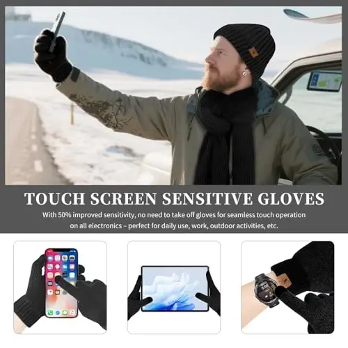 Winter Beanie Hats for Men Long Neck Scarf and Touchscreen Gloves Set with Fleece Lined Skull Caps Gifts for Men - 6