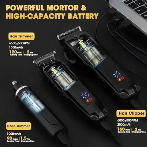 Dumite 4 in 1 Hair Clippers for Men, Professional T-Blade Trimmer, Electric Foil Shaver, Nose Hair Trimmer, Cordless, LCD Display, Grooming Kit(Black) - 6