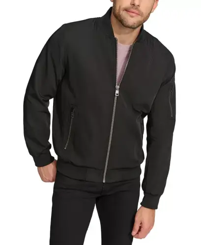 Men's Solid-Color Zipper Flight Jacket - Black 