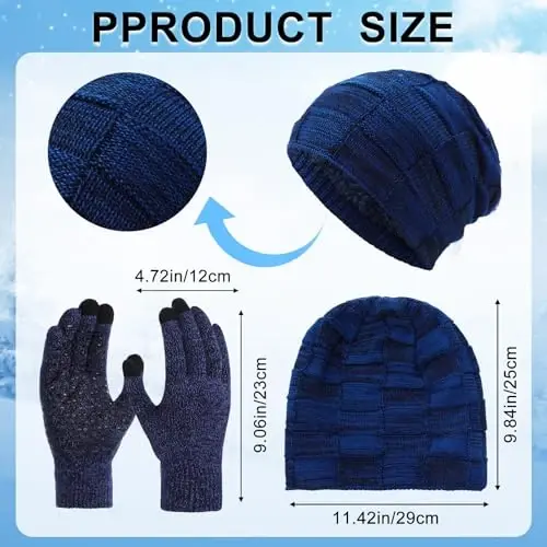 Geyoga 4 Pack Winter Hats for Men Beanie and Gloves Set, Winter Slouchy Beanie Hat Warm Gloves Lined Knit Thick - 2