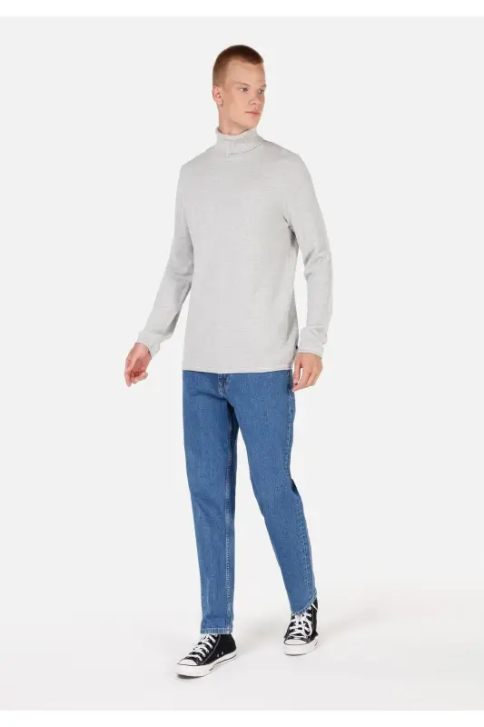 Regular Fit Turtle Neck Jakarlı Erkek Gri Kazak - 3
