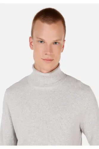 Regular Fit Turtle Neck Jakarlı Erkek Gri Kazak - 4