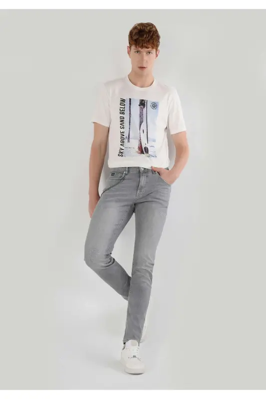 Slim Fit Düşük Bel Dar Paça Erkek Gri Jean Pantolon - KIMA WASH - 1