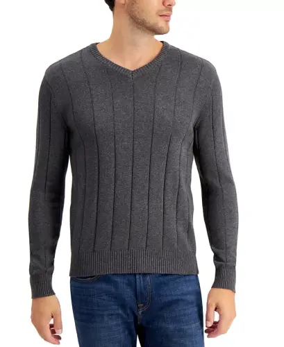 Men's Drop-Needle V-Neck Cotton Sweater, Created for Modazone - Fire 