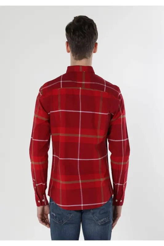 Slim Fit Shirt Neck Ekoseli Erkek Kirmizi Uzun Kol Gömlek - 2