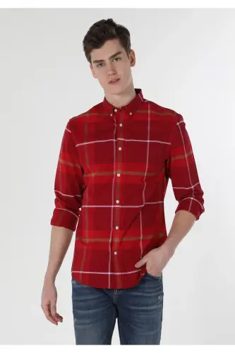Slim Fit Shirt Neck Ekoseli Erkek Kirmizi Uzun Kol Gömlek - KIRMIZI - 3