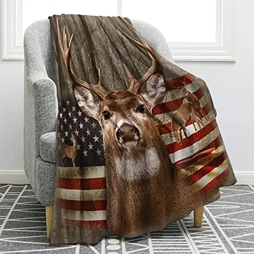 Jekeno American Flag Deer Blanket Gifts for Men, USA Flag Throw Blankets Hunting Gifts for Men Adult Kids Boys, Independence Day Deer Forest Decor for Home Bed Couch - JEKENO