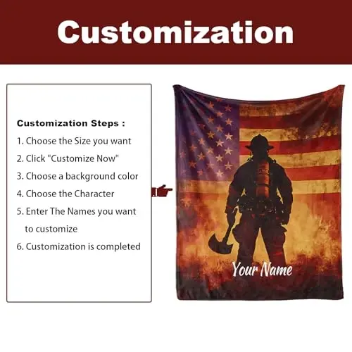 Jekeno Personalized Firefighter Gifts for Men, American Flag Blanket USA Flag Print, Custom Blanket with Name Flannel Blankets Customized Throw Blankets 60