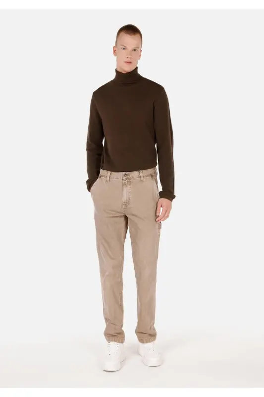 Regular Fit Turtle Neck Jakarlı Erkek Kahverengi Kazak - KAHVERENGİ - 3