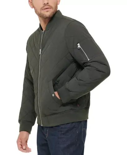 Men's Quilted Fashion Bomber Jacket - Olive - 3