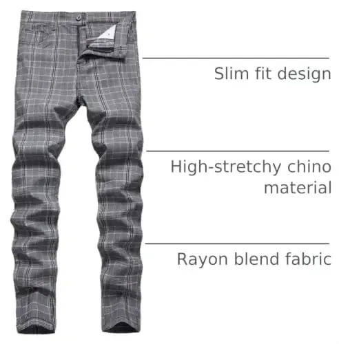 Keevoom Plaid Pants for Men Stretch Skinny Slim Fit Flat-Front Casual Fashion Comfy Solid Pencil Business Dress Chinos Pants - 4