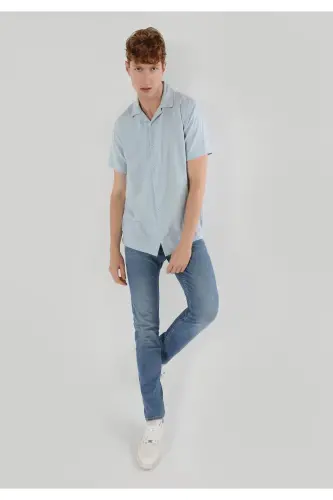 Regular Fit Basic Mavi Erkek Kısa Kol Gömlek - AÇIK MAVİ - 3