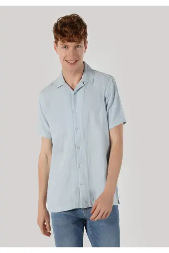 Regular Fit Basic Mavi Erkek Kısa Kol Gömlek - AÇIK MAVİ - 4