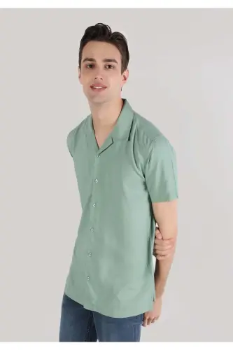Regular Fit Shirt Neck Düz Erkek Yeşil Kısa Kol Gömlek - YEŞİL - 1