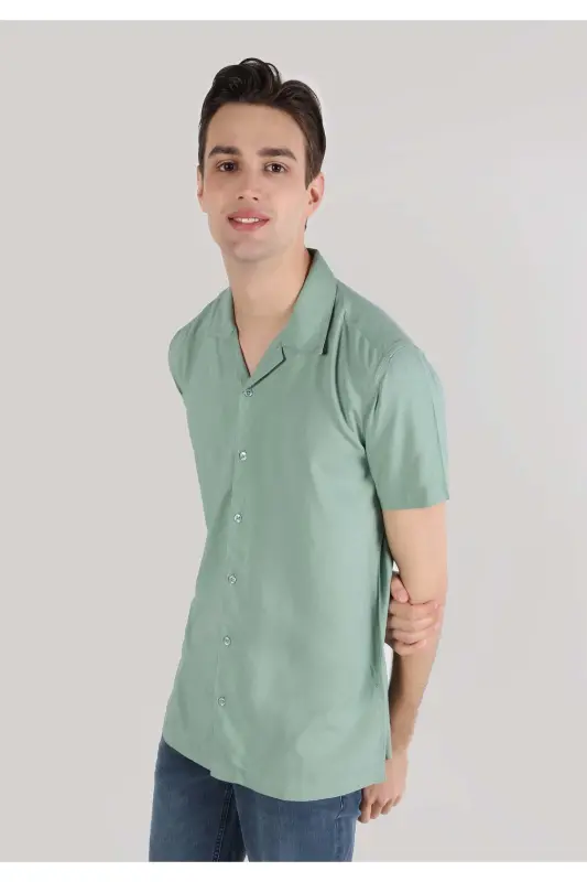 Regular Fit Shirt Neck Düz Erkek Yeşil Kısa Kol Gömlek - YEŞİL - 1