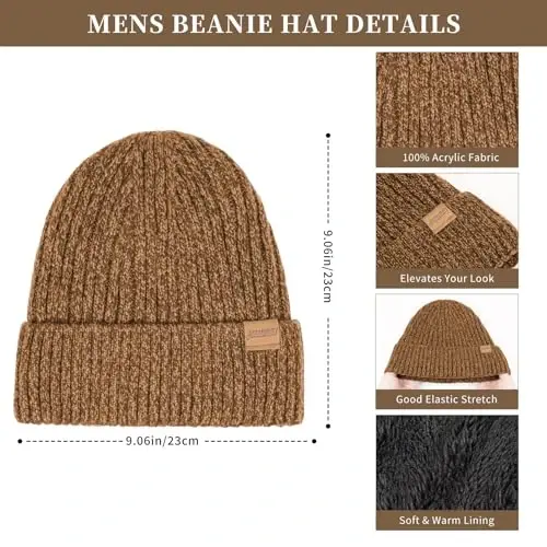 Winter Beanie Hats for Men Long Neck Scarf and Touchscreen Gloves Set with Fleece Lined Skull Caps Gifts for Men - HONNESSERRY (1)