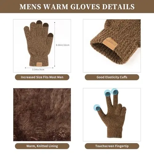 Winter Beanie Hats for Men Long Neck Scarf and Touchscreen Gloves Set with Fleece Lined Skull Caps Gifts for Men - 3