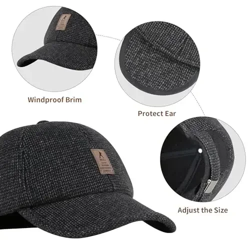Winter for Men Outdoor Hat, Adjustable Warm Sport Golf Baseball Cap Hats Dad Caps Earflaps Thicken 55-60CM (Brown) - 2