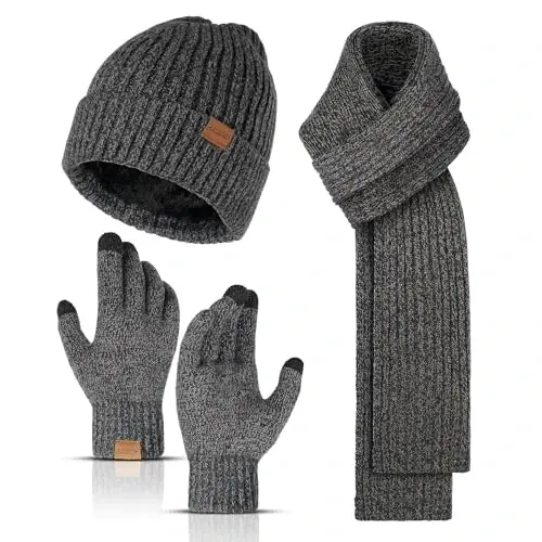 Winter Beanie Hats for Men Long Neck Scarf and Touchscreen Gloves Set with Fleece Lined Skull Caps Gifts for Men - 1