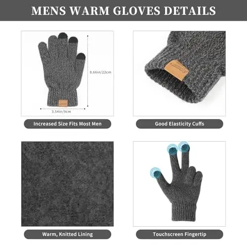 Winter Beanie Hats for Men Long Neck Scarf and Touchscreen Gloves Set with Fleece Lined Skull Caps Gifts for Men - 3