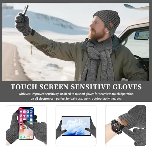 Winter Beanie Hats for Men Long Neck Scarf and Touchscreen Gloves Set with Fleece Lined Skull Caps Gifts for Men - 4