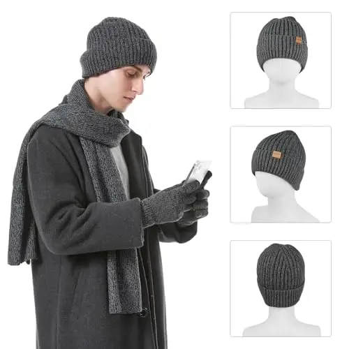 Winter Beanie Hats for Men Long Neck Scarf and Touchscreen Gloves Set with Fleece Lined Skull Caps Gifts for Men - 6