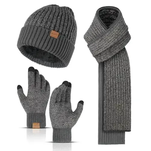 Winter Beanie Hats for Men Long Neck Scarf and Touchscreen Gloves Set with Fleece Lined Skull Caps Gifts for Men - 1