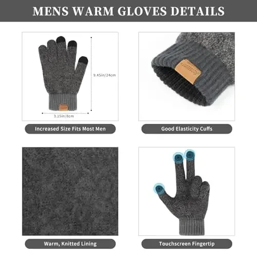 Winter Beanie Hats for Men Long Neck Scarf and Touchscreen Gloves Set with Fleece Lined Skull Caps Gifts for Men - 3