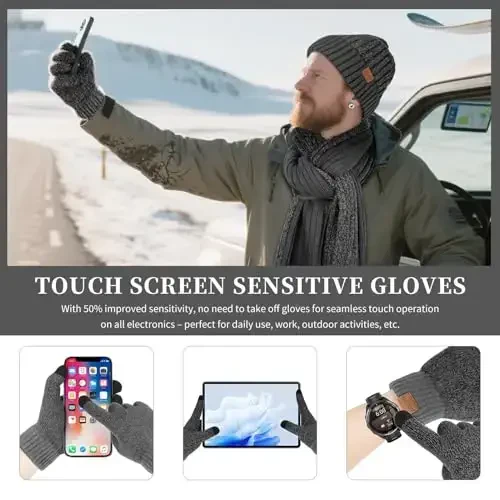 Winter Beanie Hats for Men Long Neck Scarf and Touchscreen Gloves Set with Fleece Lined Skull Caps Gifts for Men - 4