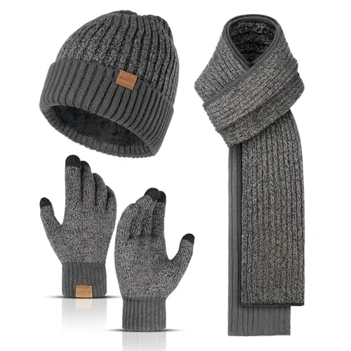 Winter Hats Scarf for Men with Touchscreen Gloves Men's Scaves and Beanie Hat Themal Glove Set for Men Women - 1