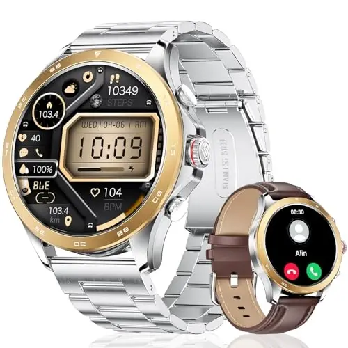 LIGE Smart Watch for Men,1.43 Inch AMOLED Smart Watch with Bluetooth Calls/Message Push, 100+ Sport Modes,IP67 Waterproof Mens Smartwatch for Android iOS Phones Gold - 1