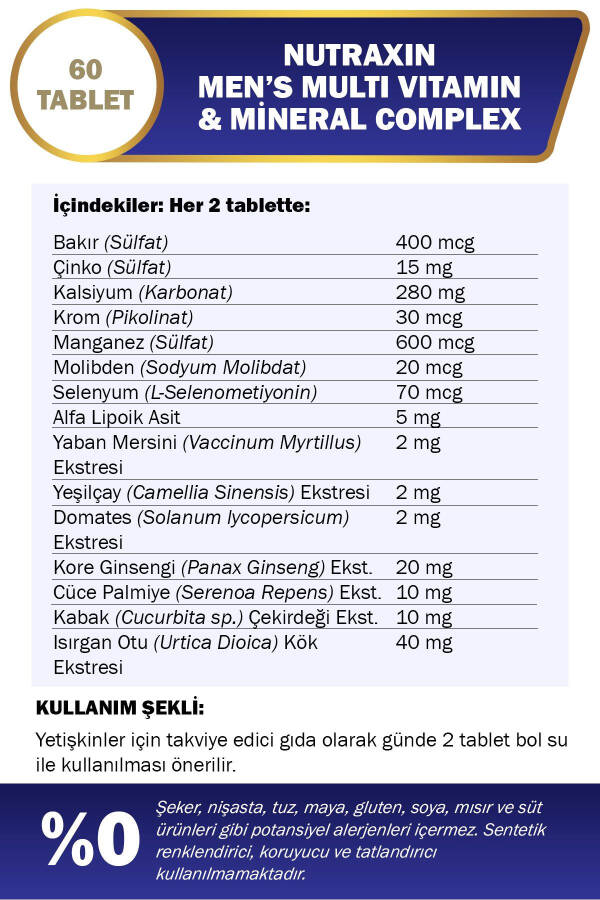 Erkekler İçin Multi Vitamin ve Mineraller İçeren Kompleks Takviye Gıda 60 Tablet - 3