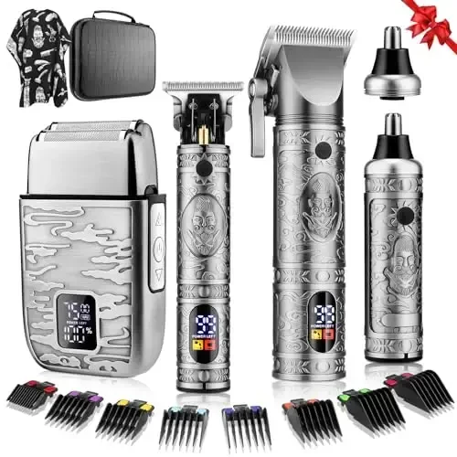 Qreeyx Hair Clippers for Man T-Blade Trimmer Nose Hair Trimmer Electric Shaver Set, Professional 4 in 1 Barber Clippers Set for Haircut, Men’s Grooming Kit with LCD Display, Ideal Gift for Him 