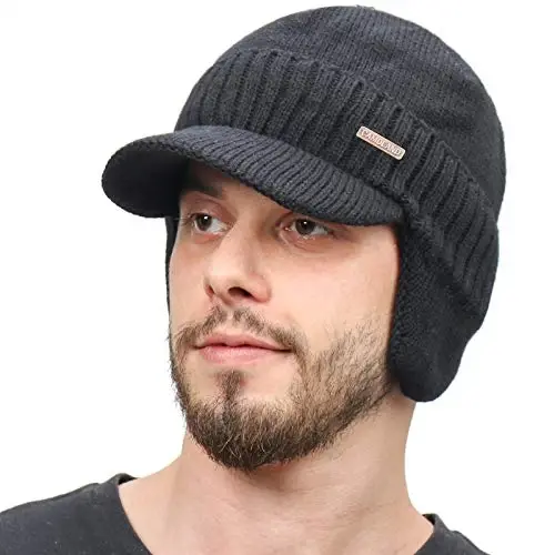 Winter Beanie w/Visor & Earflaps for Men Outdoor Fleece Hat Scarf Set 